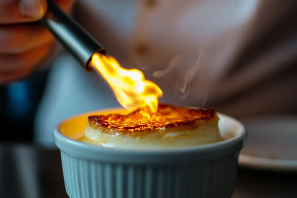 Chef caramelizing crème brûlée sugar with a kitchen torch