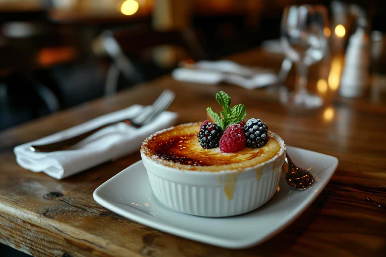 Crème brûlée in a white ramekin with caramelized crust and berries