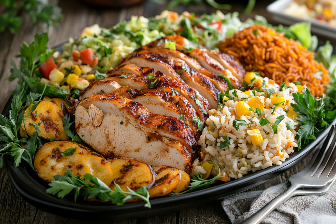 A platter showcasing dishes made from leftover rotisserie chicken, including casserole and salad