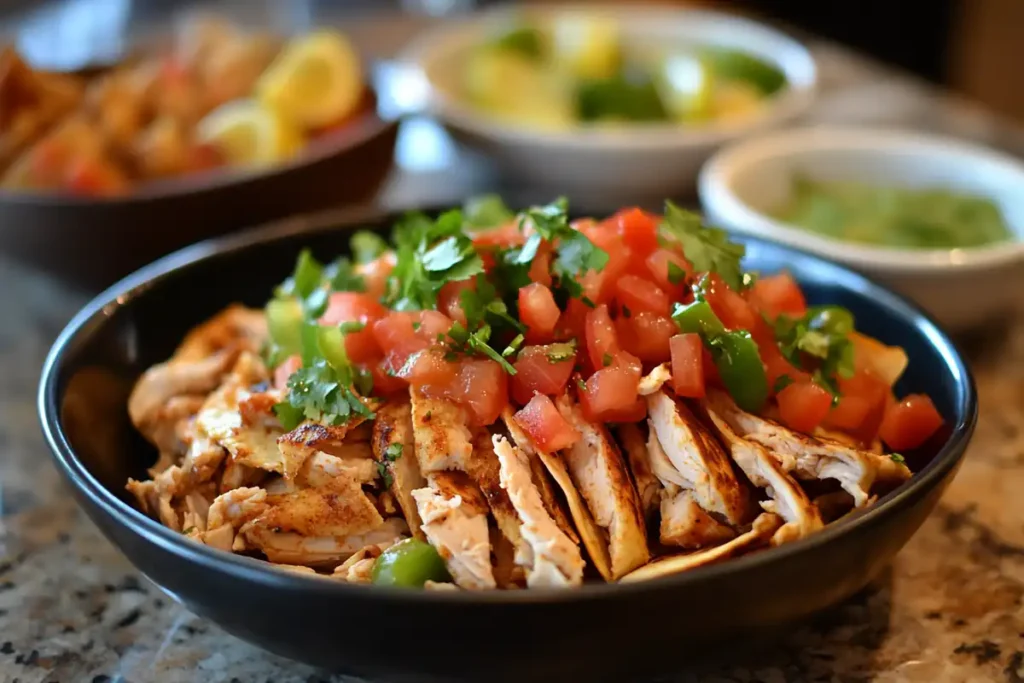 Chicken quesadillas with melted cheese and side bowls of salsa and guacamole