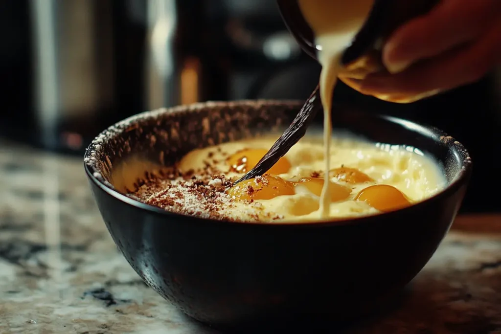 Ingredients for crème brûlée: cream, egg yolks, sugar, and vanilla pod