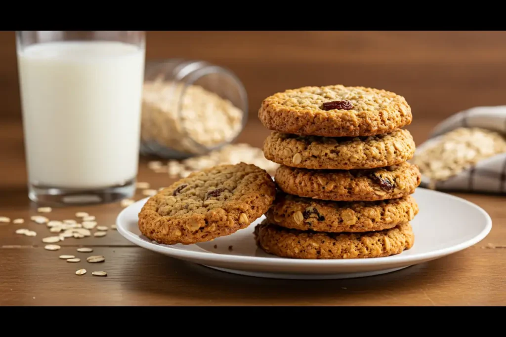 Freshly baked oatmeal cookies stacked on a plate with a glass of milk