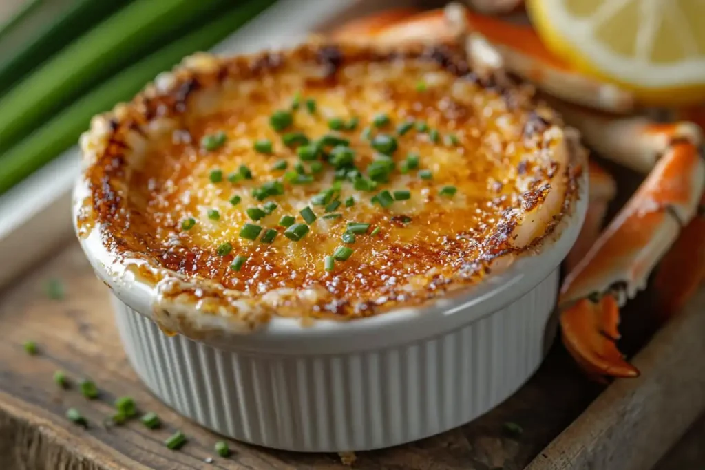 Crab brulee served in a white ramekin with golden crust and chives