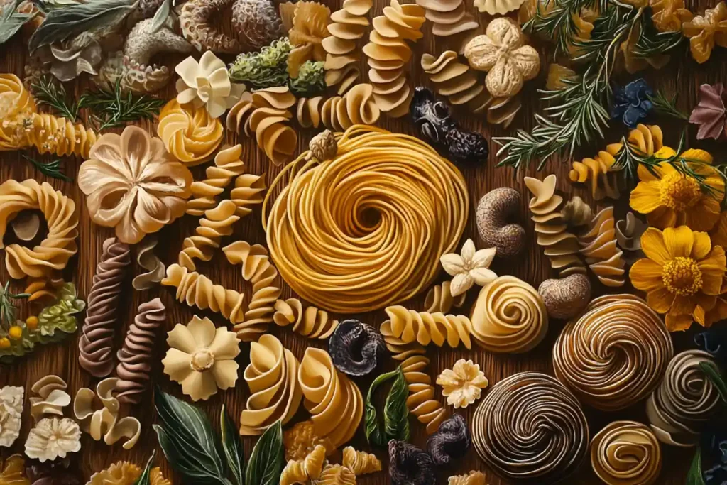 Spiral-shaped Italian pasta, with textures and colors