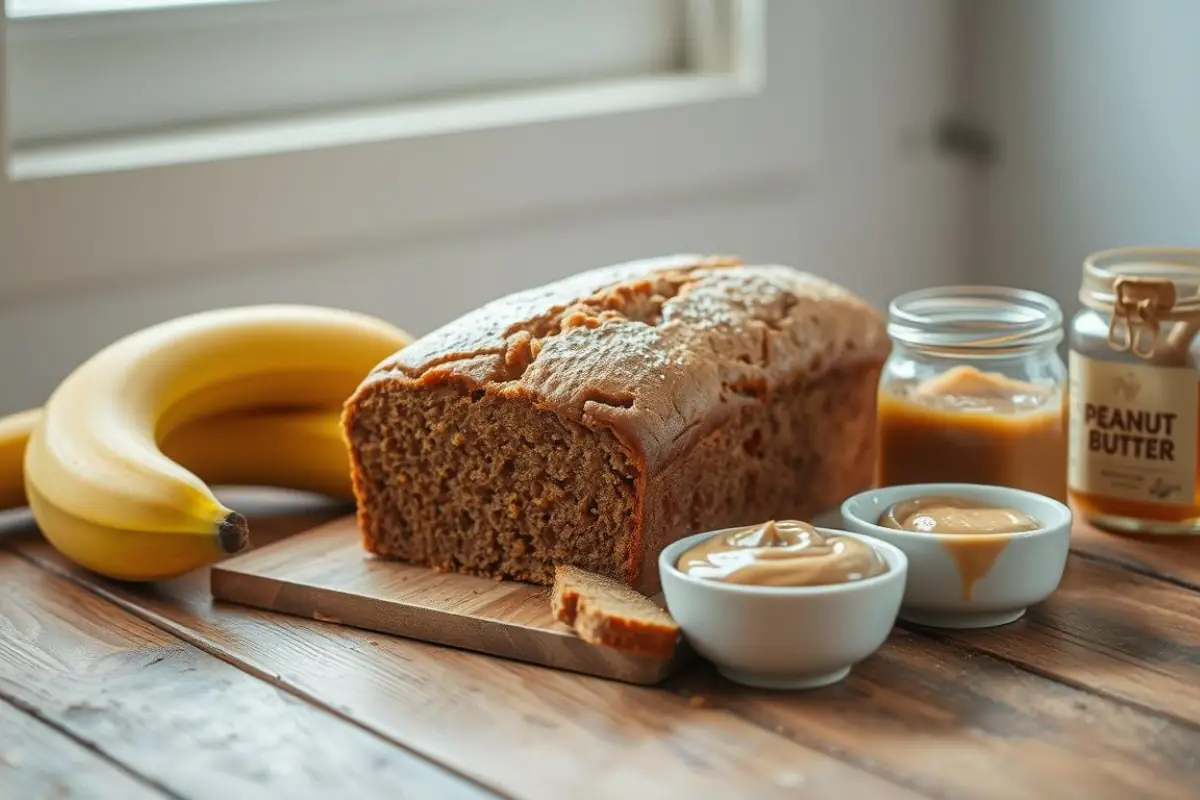 Freshly baked loaf of banana bread on a rustic table with bananas and honey