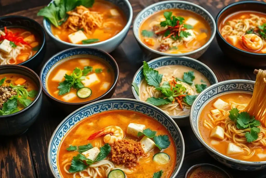 Different types of Asian noodle soups showcasing various noodles