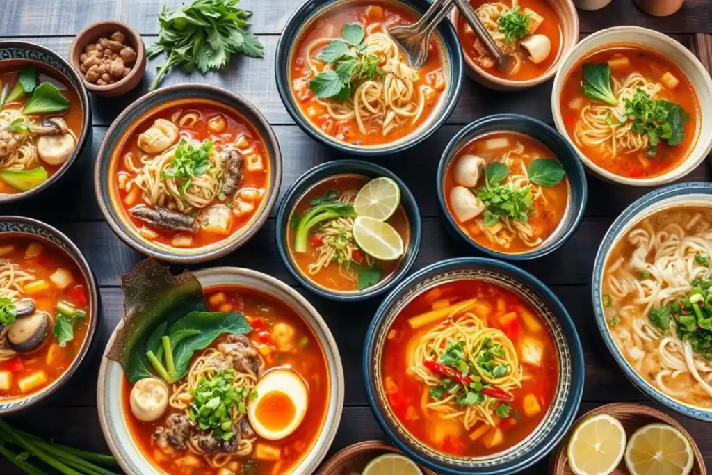 Various Asian noodle soup bowls with different noodles and toppings