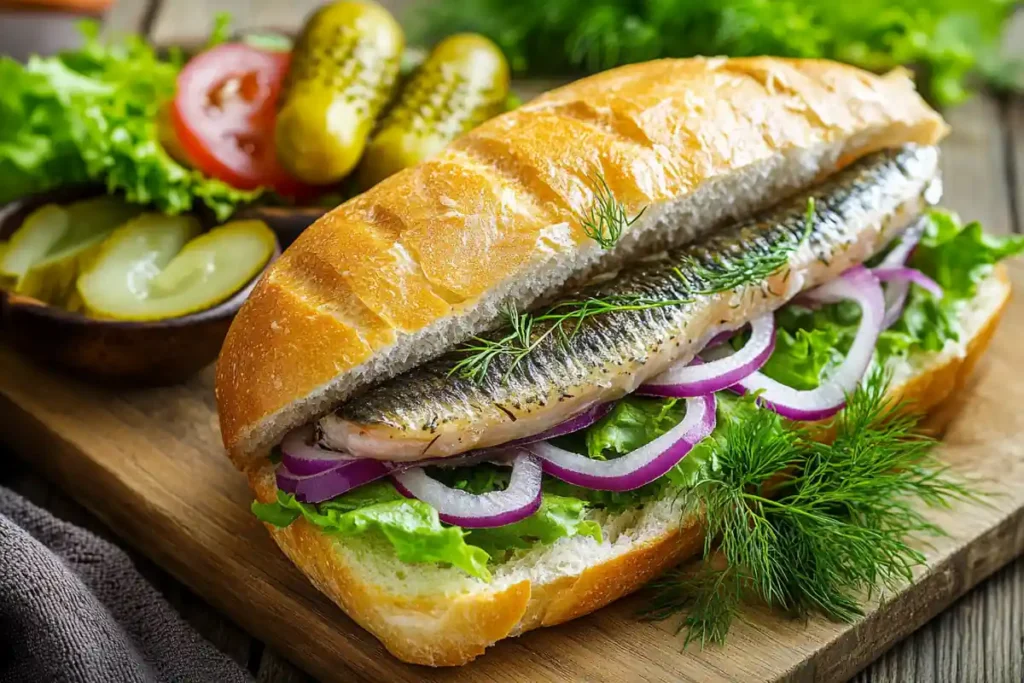 Matjesbrötchen sandwich with herring, onions, dill, and pickles