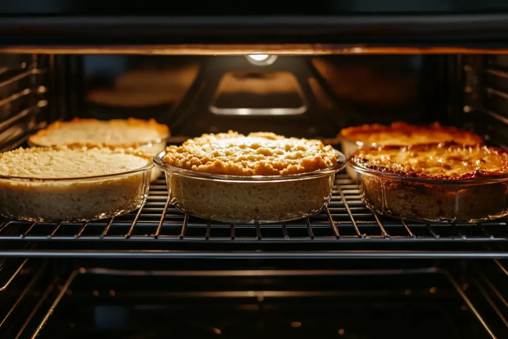 The baking process of a dump cake from raw to fully baked