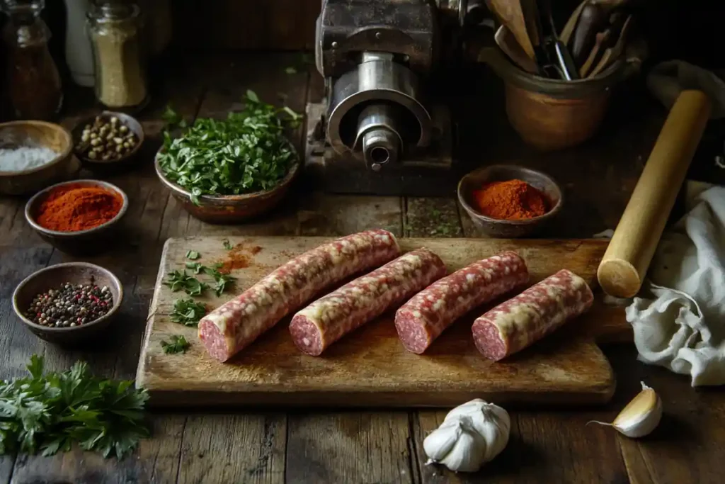 Beef cuts for sausage making: chuck, brisket, and sirloin, with herbs and spices