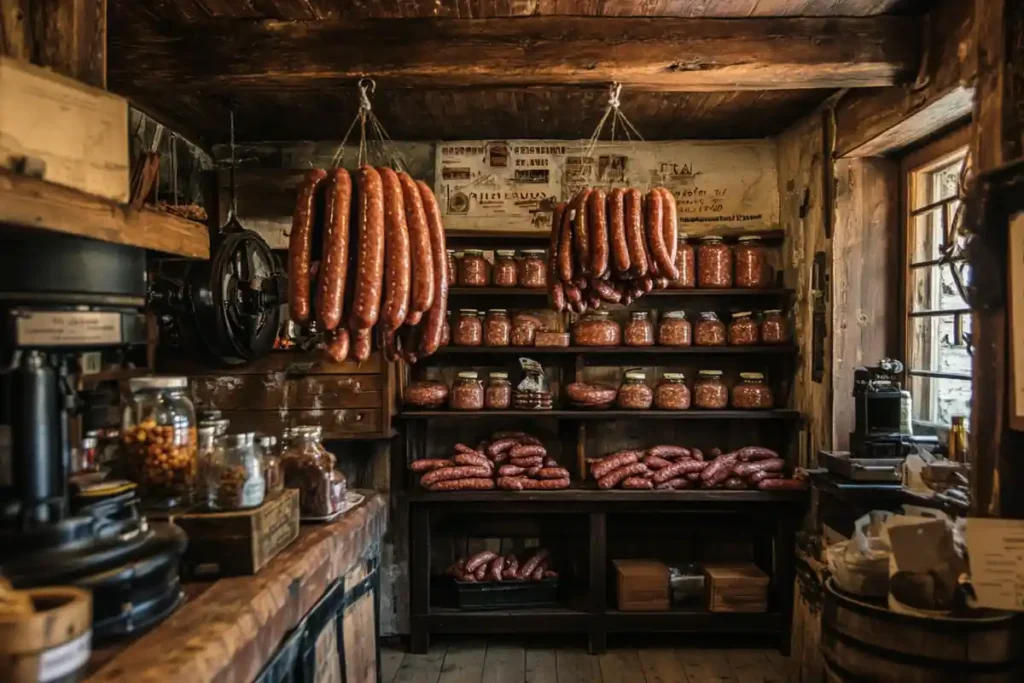 A vintage butcher shop with hanging beef sausages, spices, and tools