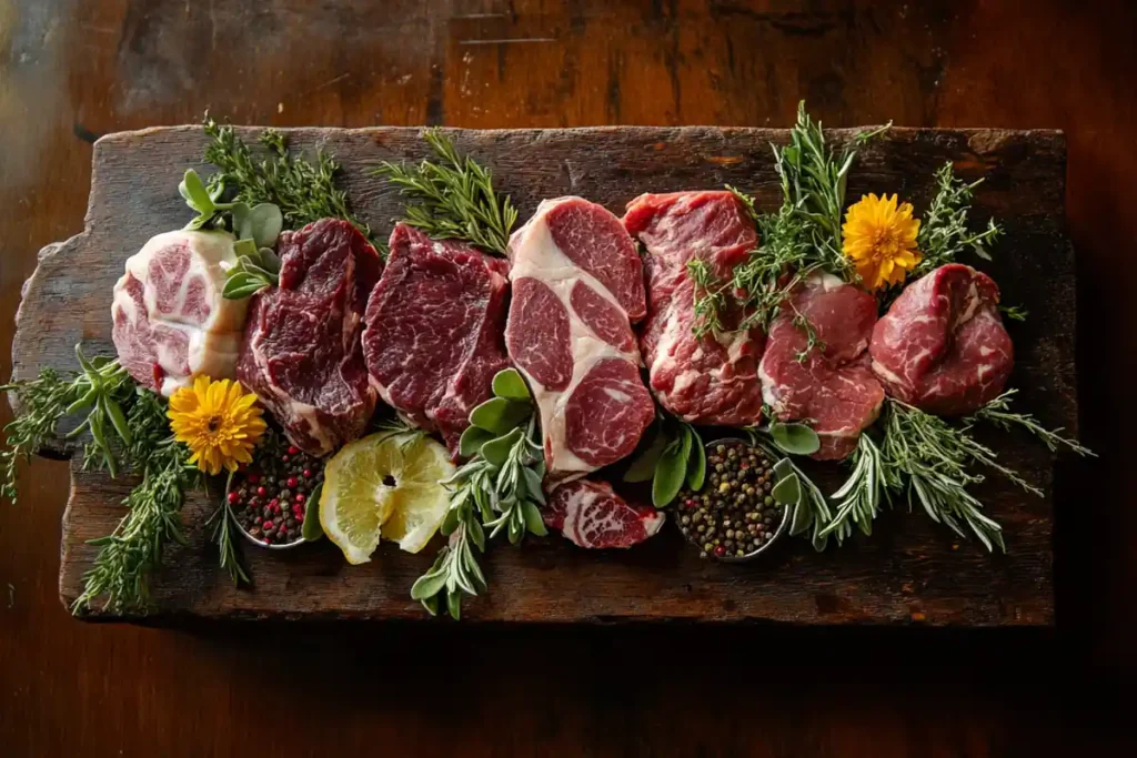 Preparing beef sausage meat with ground beef, spices, and herbs on a cutting board.