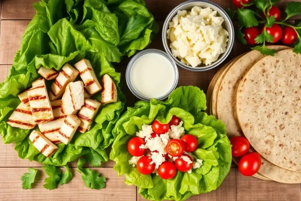 Essential ingredients for a chicken caesar wrap with grilled chicken, romaine lettuce, dressing, and tortillas