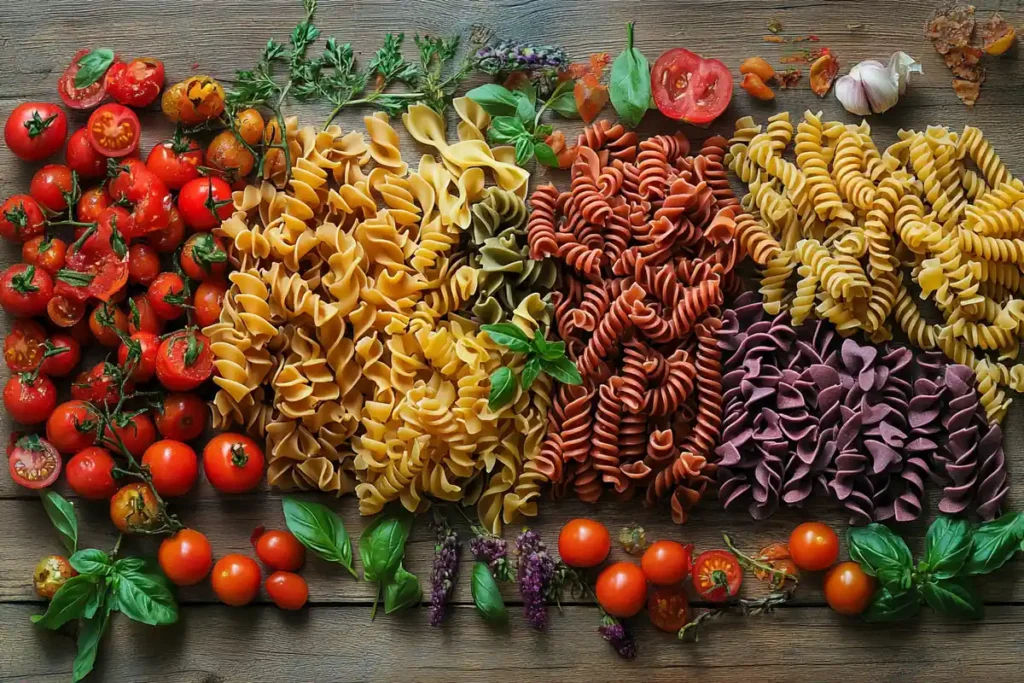 Assorted corkscrew pasta varieties on a rustic wooden surface