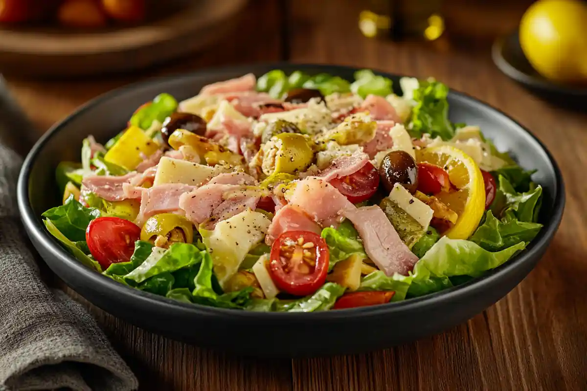 A vibrant 1905 Salad with ham, cheese, and Spanish olives