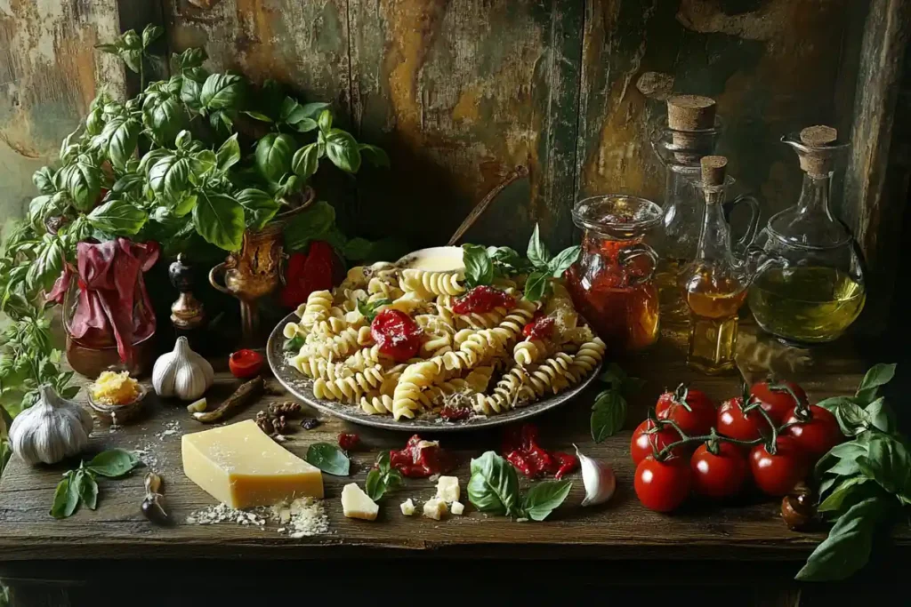 Corkscrew pasta with marinara, Alfredo, and pesto sauces and garnishes