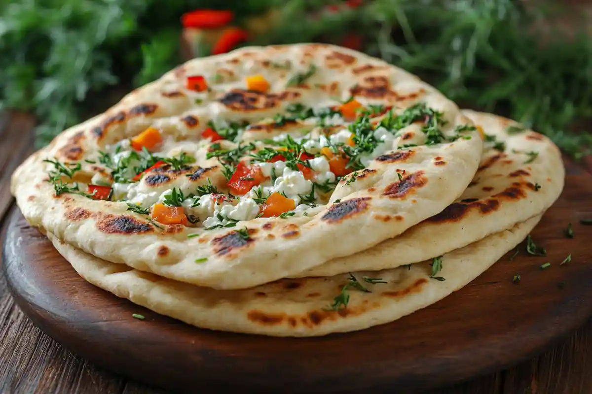 Cottage cheese flatbread served with fresh herbs and veggies