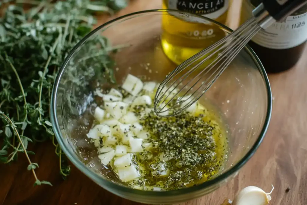 Mixing the dressing for the 1905 Salad with olive oil and herbs