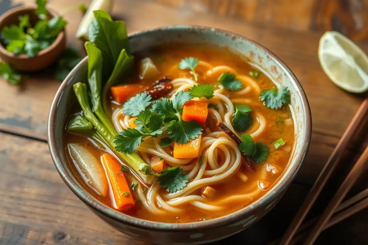 Steaming bowl of Asian noodle soup with vegetables and herbs