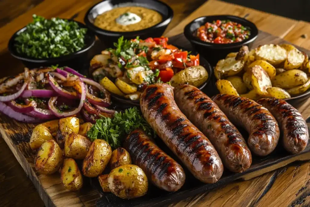 A vibrant spread of hot sausage dishes with grilled sausages, peppers, onions, and crispy potato wedges