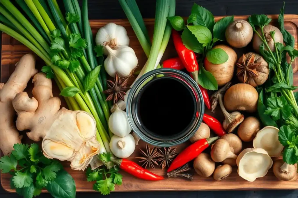 Fresh ingredients for making Asian soup broth