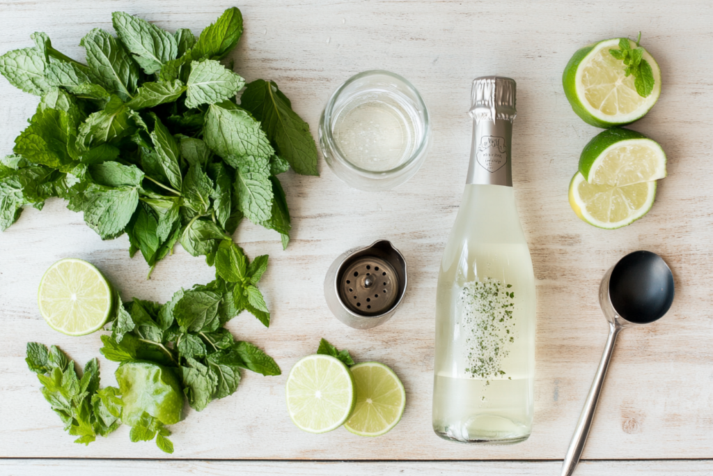 Hugo Spritz ingredients: Prosecco, elderflower liqueur, mint, and lime