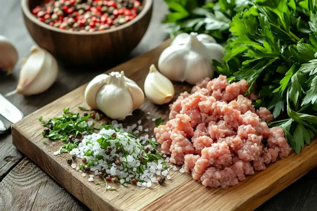 Ingredients for fennel sausage: pork, fennel seeds, garlic, herbs, and spices