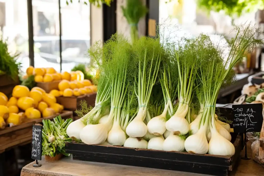 Fresh fennel bulbs with vibrant green fronds in a rustic market setting