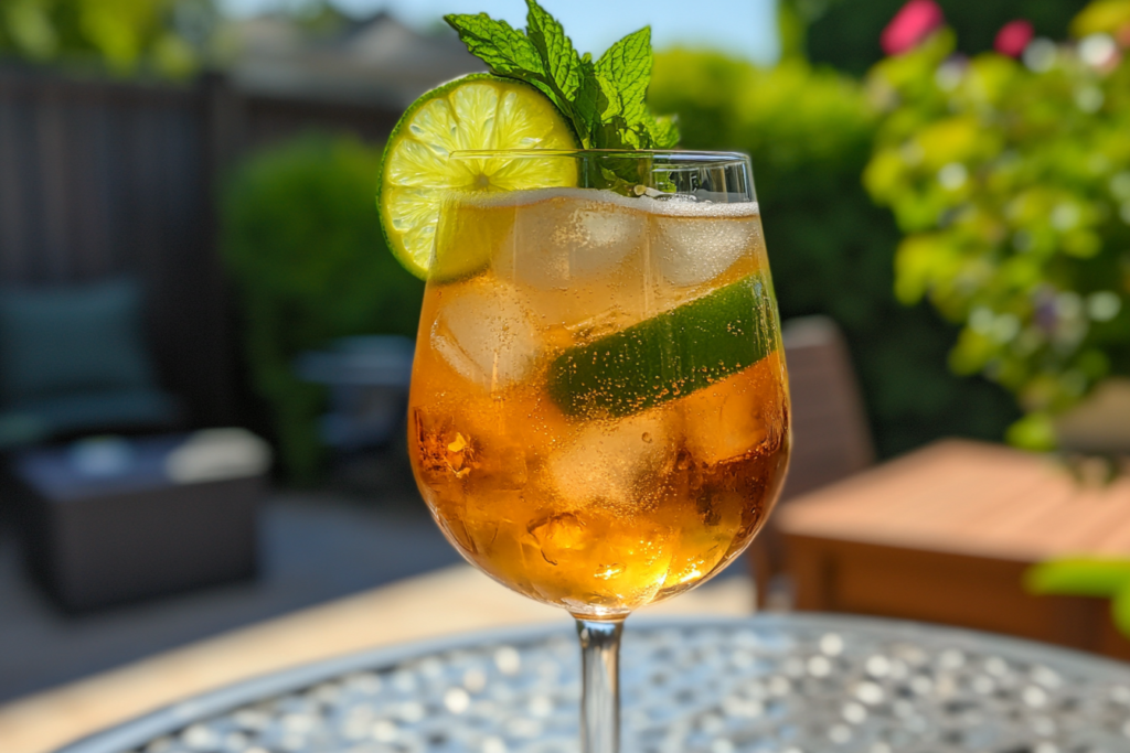 A finished Hugo Spritz garnished with mint and lime.