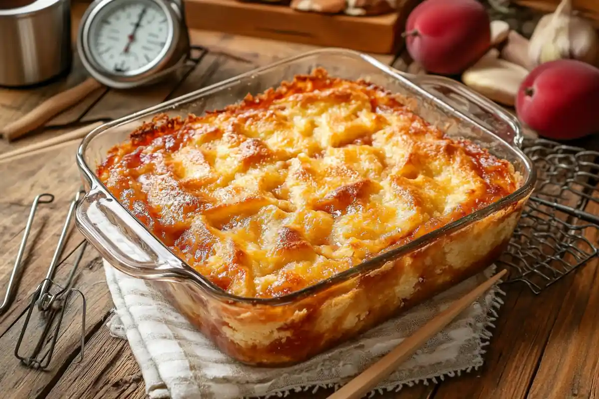 A perfectly baked dump cake with a golden crust and bubbling edges.