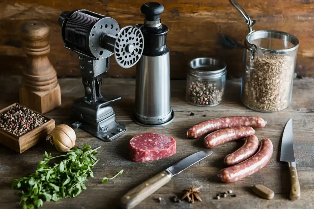 Beef sausage making tools: grinder, stuffer, knives, seasonings, and twine