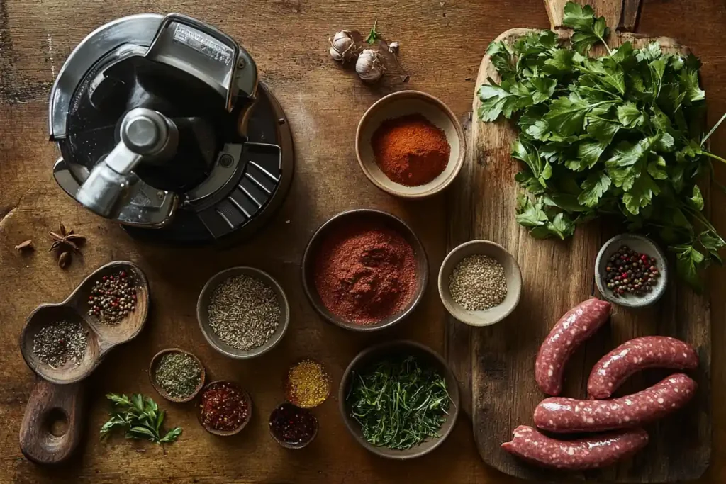 Ingredients for homemade beef sausage with ground beef, spices, a meat grinder, and casings