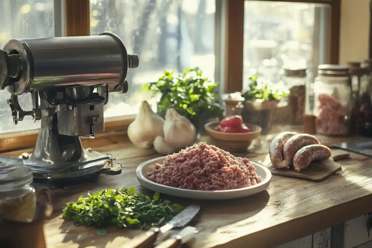 Fresh ingredients for homemade sausage with meat grinder and casings on a wooden countertop