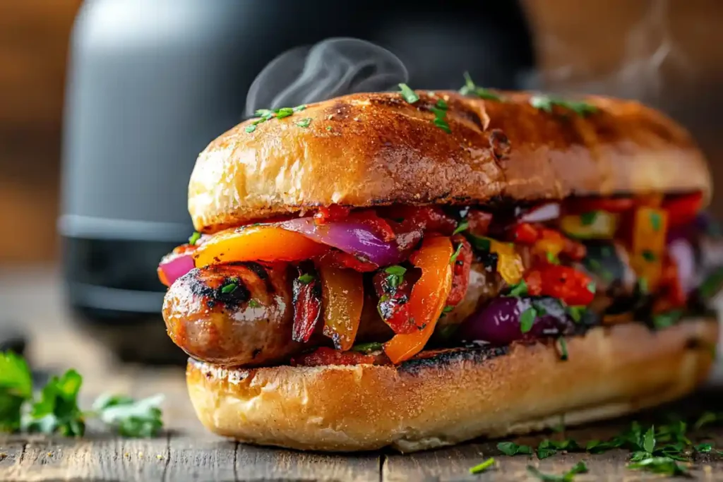 A close-up of a hot sausage and peppers sandwich on a hoagie roll with fresh herbs