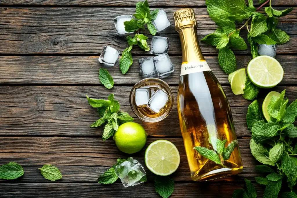 Hugo Spritz ingredients: Prosecco, elderflower syrup, mint, lime, and ice