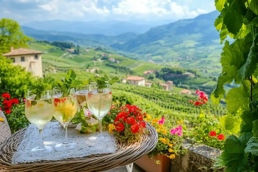 Hugo Spritz origin in Northern Italy with vineyards and a traditional village