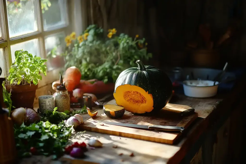 Kabocha squash and kitchen tools on a wooden cutting board with spices and vegetables