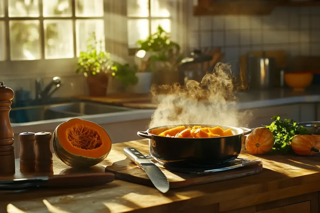 Kabocha squash with a knife cutting it, and a pot of sliced squash