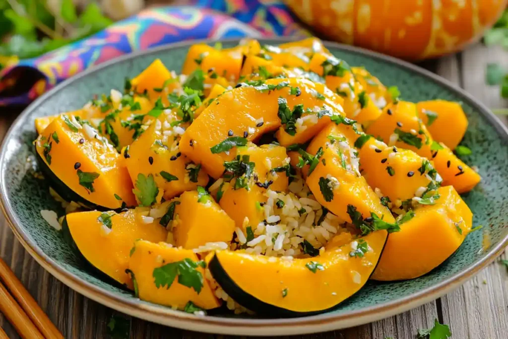 Kabocha squash with Asian ingredients and stir-fried vegetables.