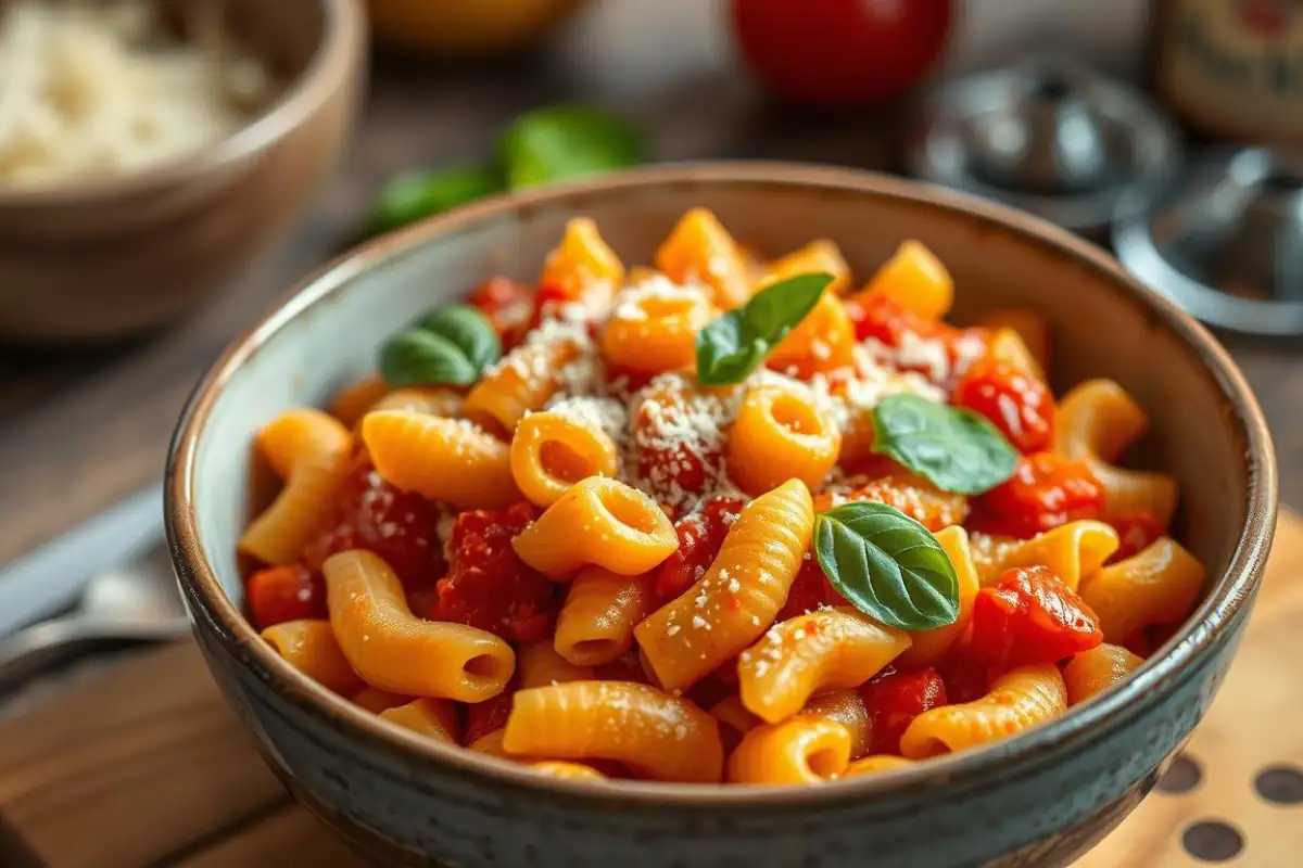 Knuckies Italian macaroni in creamy tomato sauce with basil and Parmesan