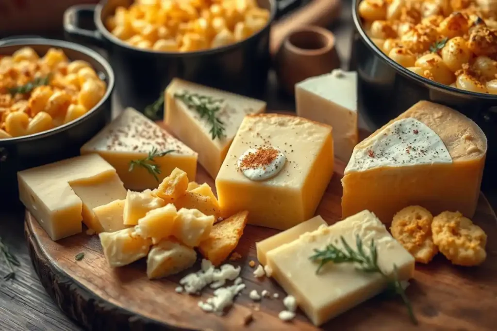 Various cheese types for mac and cheese on a wooden board, with pots of bubbling mac and cheese in the background