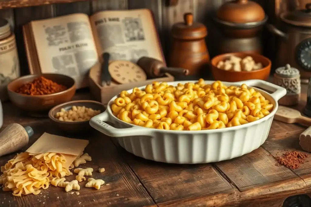 Old fashioned baked macaroni and cheese with vintage kitchen elements.