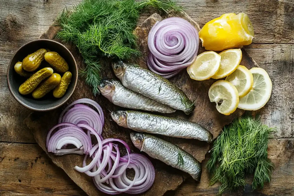 Matjesbrötchen ingredients: herring, bread, onions, pickles, and dill
