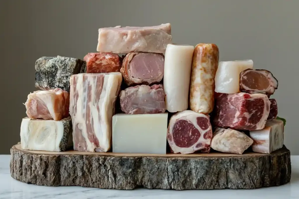 Various cuts of meat and fat arranged on a wooden butcher block