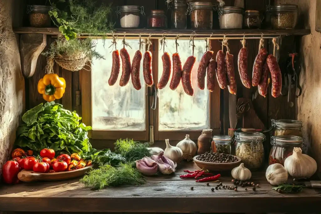 A Mediterranean kitchen with fresh fennel, sausages, and herbs.