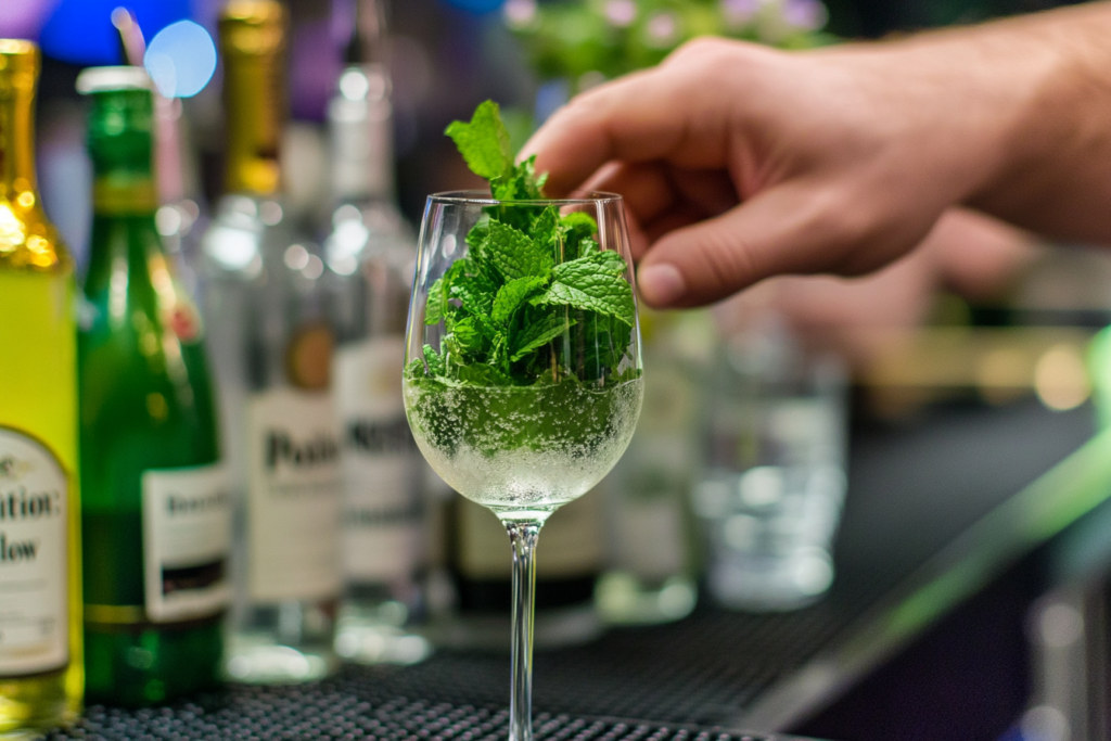 Bartender muddling fresh mint leaves for a Hugo Spritz