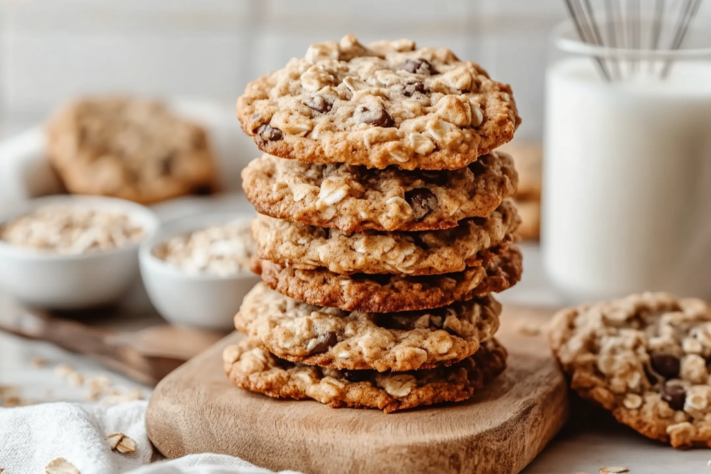 A stack of oatmeal cookies made with instant oats and rolled oats on a wooden board