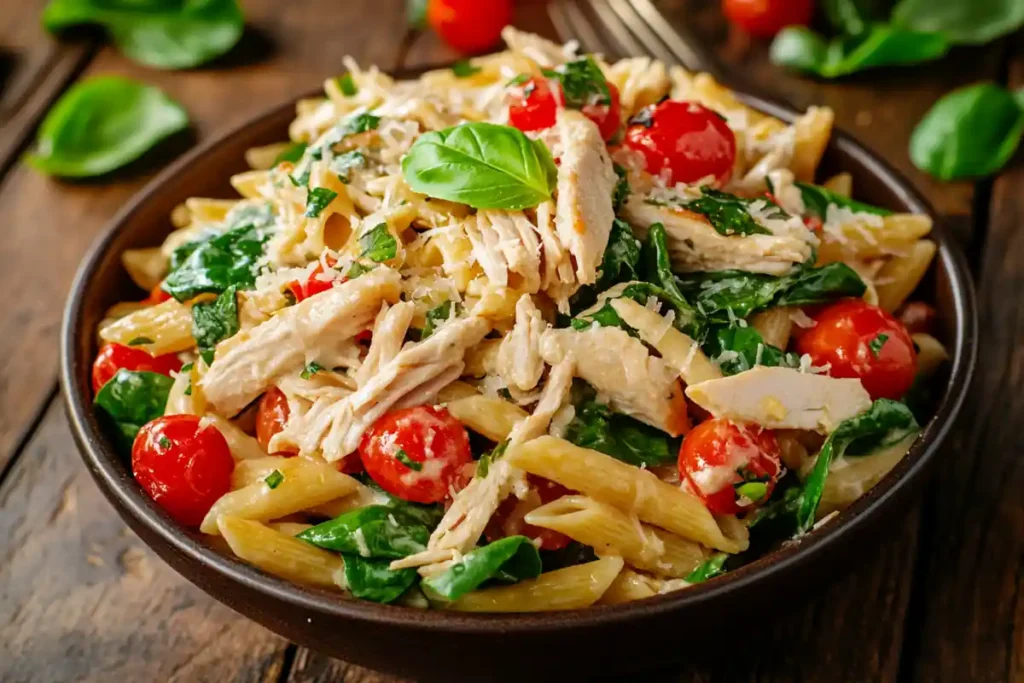 Chicken pasta with tomatoes, spinach, and creamy garlic sauce