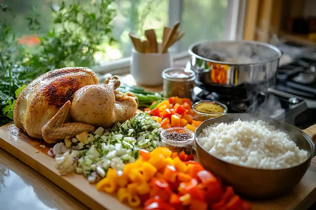 A roasted rotisserie chicken surrounded by vegetables, spices, and a pot of rice