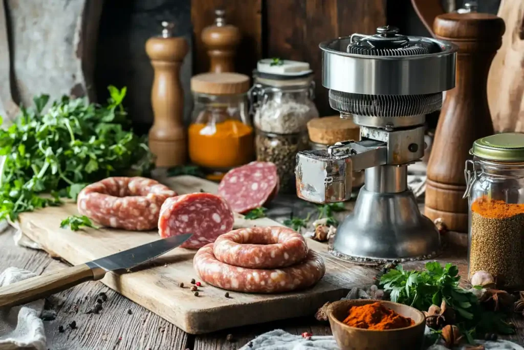 Sausage making equipment: meat grinder, stuffer, knife, spices, and herbs